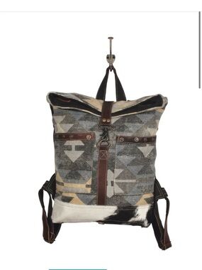 Myra Bag  Geometric Canvas & Leather cowhide Backpack - Gray/Beige